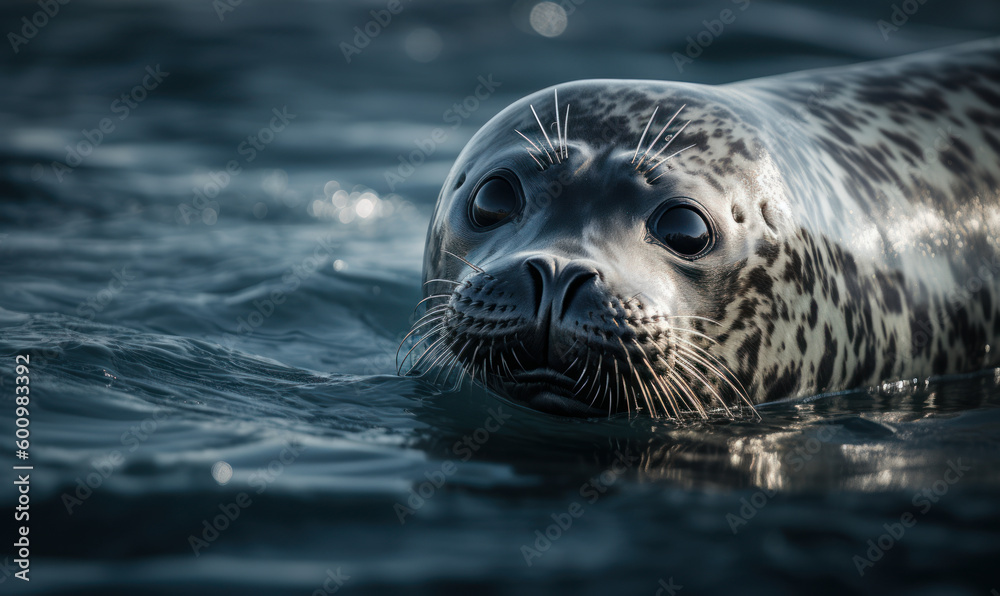 Obraz premium Gray seal floating in the frigid Arctic waters, surrounded by shimmering icebergs & crystal-clear skies. portrait captures essence of gray seal's thick, glistening fur & soulful eyes. Generative AI