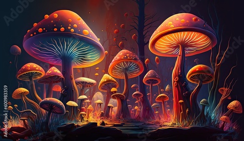 Colorful illustration of mushrooms. Generative  AI 