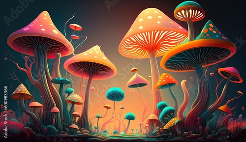 �Colorful illustration of mushrooms. Generative AI © dDenVil