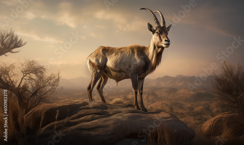 Goat antelope majestically standing atop a rocky outcropping  overlooking sweeping savannah below. portrait captures raw power   grace of this magnificent animal in its natural habitat. Generative AI