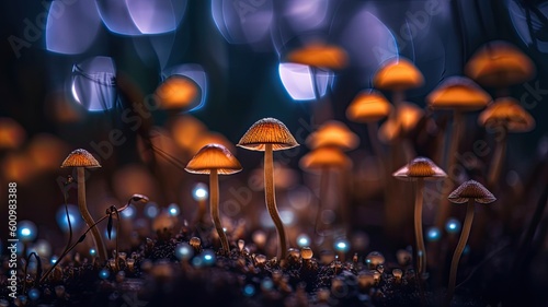 Glowing psilocybin mushrooms. Generative  AI 