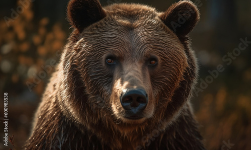 close up photo of grizzly bear on blurry forest background. Generative AI