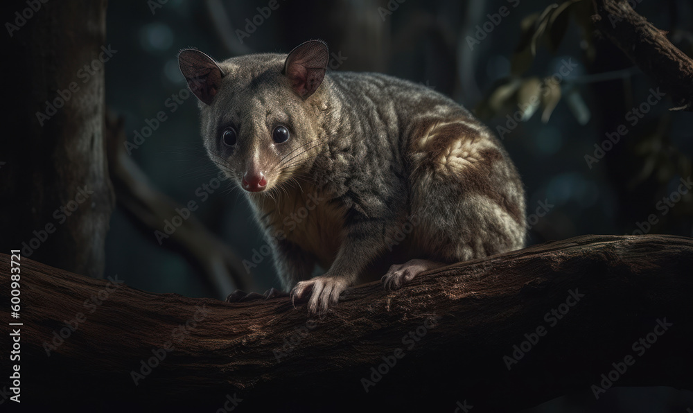 Obraz premium Glider, also called Flying Phalanger, perched on a eucalyptus branch in the Australian bushland, its sharp claws gripping the rough bark. background is a lush green forest. Generative AI
