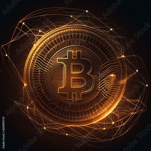 Golden bitcoin digital currency, futuristic digital money on technology background and lines. Technology cryptocurrency concept.