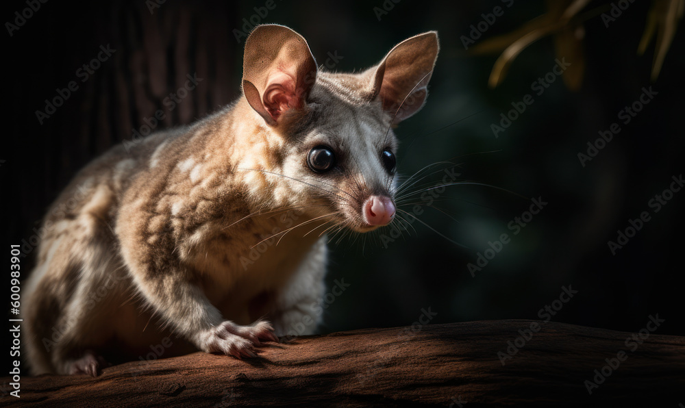 Obraz premium Glider, also called Flying Phalanger, perched on a eucalyptus branch in the Australian bushland, its sharp claws gripping the rough bark. background is a lush green forest. Generative AI