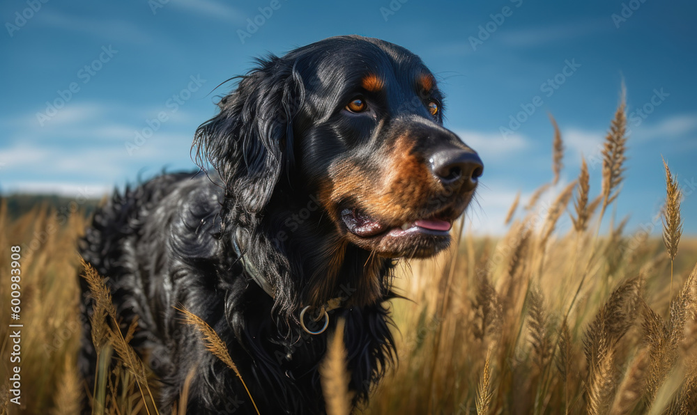 Photo of Gordon setter, majestic and alert, standing in a field of tall grasses with a backdrop of rolling hills and a clear blue sky highlighting the beauty and elegance of the dog. Generative AI Photo of Gordon setter, majestic and alert, standing in a field of tall grasses with a backdrop of rolling hills and a clear blue sky highlighting the beauty and elegance of the dog. Generative AI