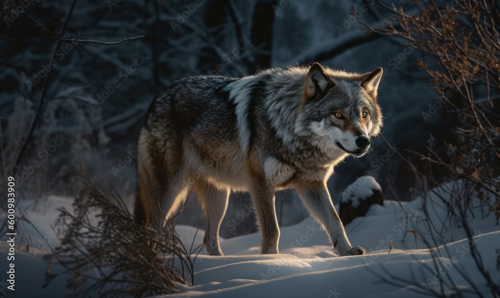 Obraz premium Photo of gray wolf showcasing its wild spirit as it prowls through a snowy forest under soft glow of the moon. lighting highlights wolf's fur & accentuates atmospheric depth of scene. Generative AI