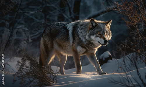 Photo of gray wolf showcasing its wild spirit as it prowls through a snowy forest under soft glow of the moon. lighting highlights wolf s fur   accentuates atmospheric depth of scene. Generative AI