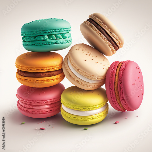 Cakes macaron or macaroon stack on light background, colorful vibrant almond cookies, bright colors.