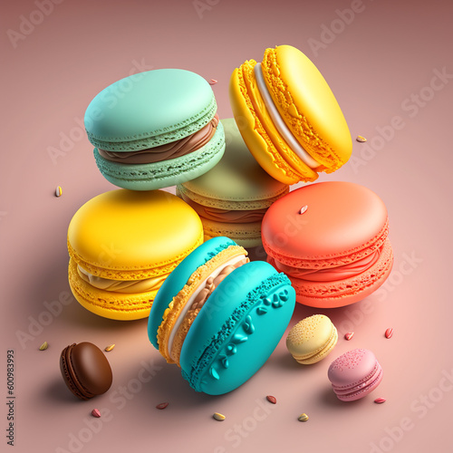 Cakes macaron or macaroon stack on pink background, colorful vibrant almond cookies, bright colors.