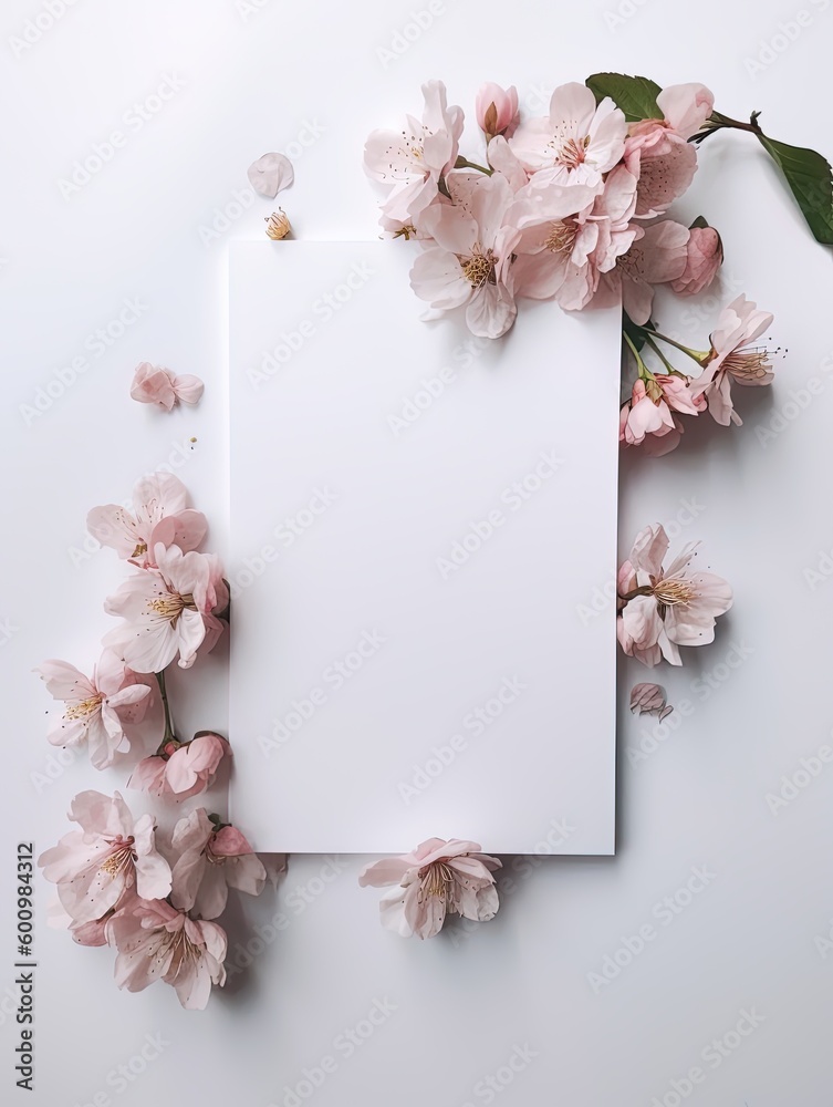 Vertical top view blank card with flowers Abstract organic flowers Blooming floral on white background for invitation card Vertical top view blank card with flowers Abstract organic flowers Blooming floral on white background for invitation card