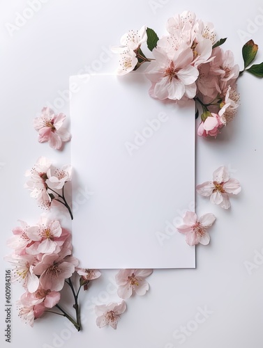 Vertical top view blank card with flowers Abstract organic flowers Blooming floral on white background for invitation card