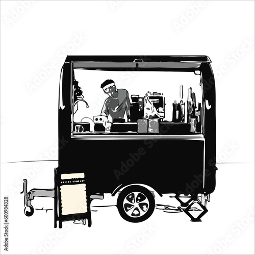 Vector image of coffee truck in black and white color.  
Suitable design for creative arts, t shirt design, print on demand.
