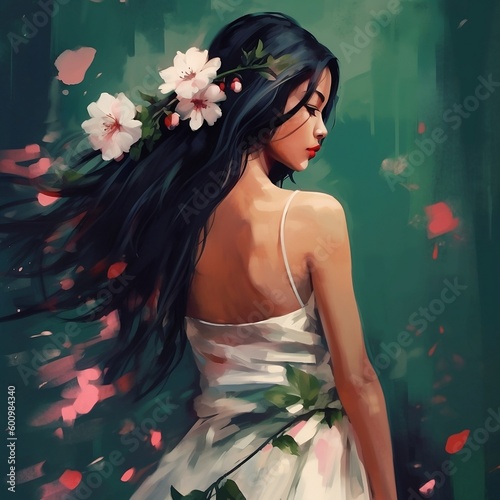 Illustration in a watercolor style. Young pretty fictional woman with long black hair against the backdrop of green and blooming nature. AI generation. 