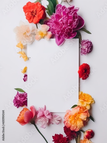 Vertical top view blank card with flowers Abstract organic flowers Blooming floral on white background for invitation card