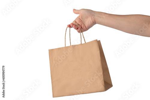 Hand Holding Paper Bag isolated on transparent background.