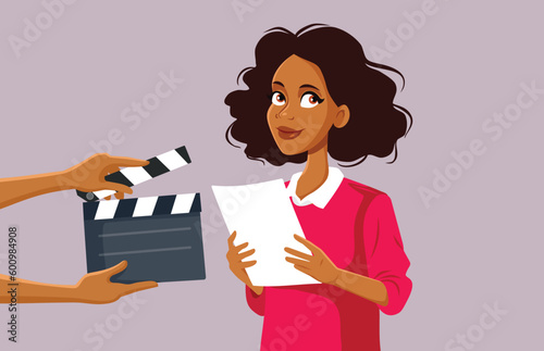 Actor Rehearsing the Lines on Set Vector Cartoon Illustration. Woman in film school learning to read lines from a script
