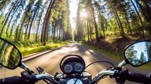 Motorcycle driver's perspective while riding through forest roads, surrounded by nature, motion blur, shallow depth of field, Illustrative Generative AI