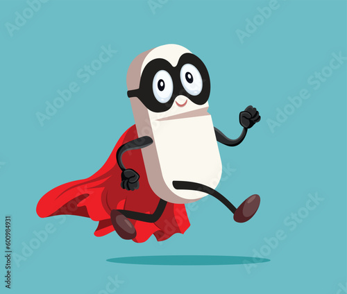Running Superhero Vitamin Pill Full of Energy Vector Cartoon Illustration. Vitality booster medical treatment mascot vector design
