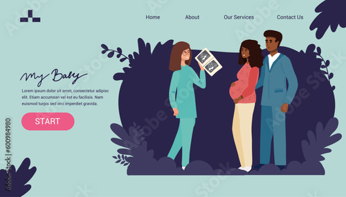 Pregnancy healthcare and support concept. Set of pregnant woman feeling pain in back looking at ultrasound from doctor crying after losing baby feeling happy knowing of pregnancy vector illustration.