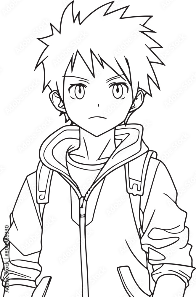 Obraz premium Anime boy head in cartoon style, anime boy, coloring page, vector Illustration, SVG