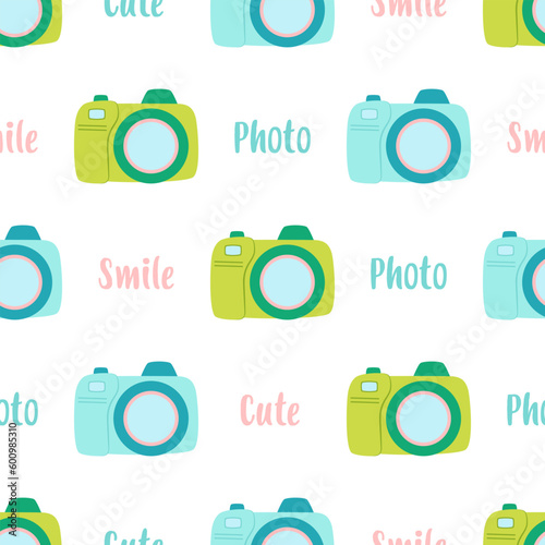 cartoon seamless pattern with colored photo camera