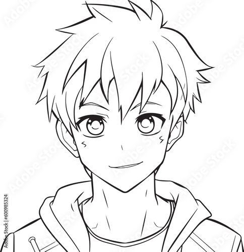 Anime boy head in cartoon style, anime boy, coloring page, vector Illustration, SVG