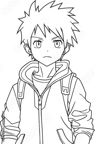 Anime boy head in cartoon style, anime boy, coloring page, vector Illustration, SVG