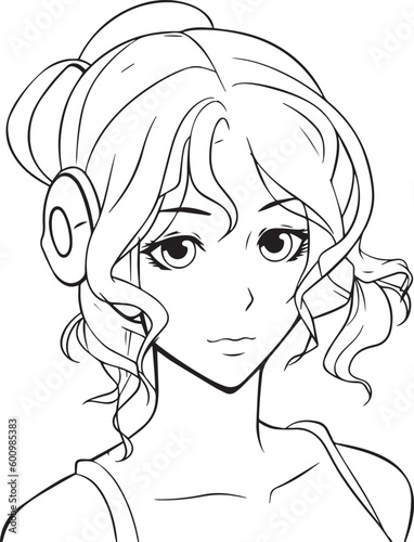 Anime girl head in cartoon style, anime girl, coloring page, vector Illustration, SVG