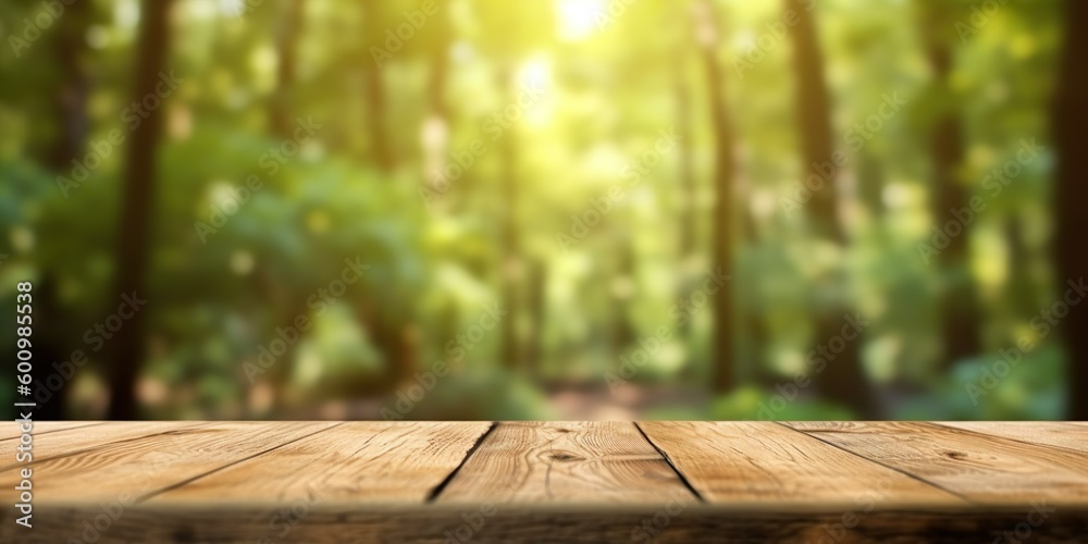 An empty wooden table for product display. blurred nature background Generative AI An empty wooden table for product display. blurred nature background Generative AI