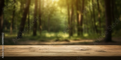 An empty wooden table for product display. blurred nature background Generative AI