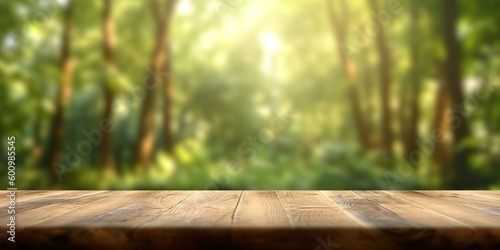 An empty wooden table for product display. blurred nature background Generative AI