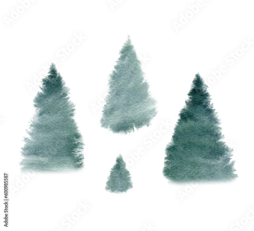 Set of abstract spruce. Forest template, Winter foggy woodland landscape background. Wild nature in wintertime. Hand drawn watercolor illustration. Christmas card design. Evergreen tree graphic