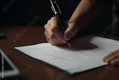 Hand of young man holding a pen pointing to document and mark correct sign for standard quality control certification assurance concept.