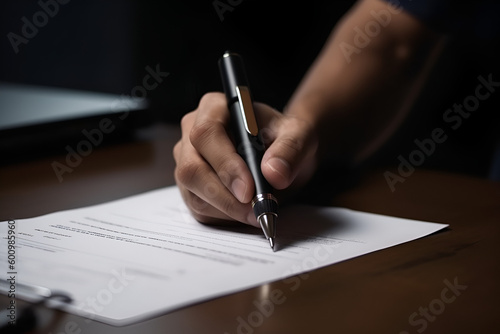 Hand of young man holding a pen pointing to document and mark correct sign for standard quality control certification assurance concept.