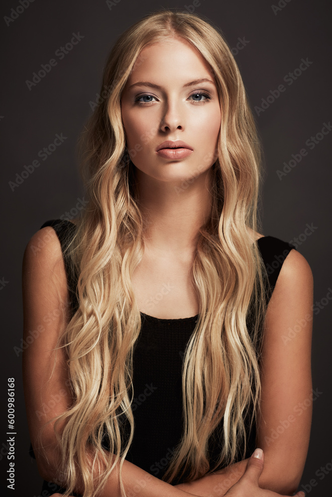 Sexy, portrait and woman with beauty, confident and glamour against a dark studio background. Face, female person and model with wellness, black dress and elegant outfit with fashion and luxury Sexy, portrait and woman with beauty, confident and glamour against a dark studio background. Face, female person and model with wellness, black dress and elegant outfit with fashion and luxury
