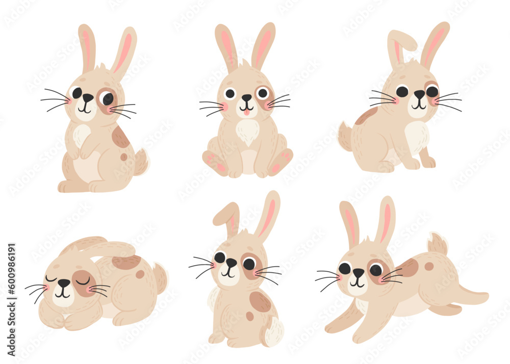 Vector set of cute rabbits in cartoon style. Bunny pet silhouette in different poses. Hare and rabbit colorful illustration for childrens book, postcards and posters. Vector set of cute rabbits in cartoon style. Bunny pet silhouette in different poses. Hare and rabbit colorful illustration for childrens book, postcards and posters.