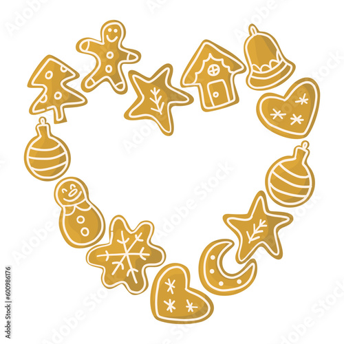 Christmas biscuits hear shape border. Vector cartoon illustration. 