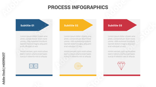 business process stage infographics template diagram banner with arrow box table and 3 point step creative design for slide presentation data