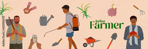 Set of Indian farmers in traditional clothes vector flat illustration. Collection of rural mens. Agricultural elements and workers. 