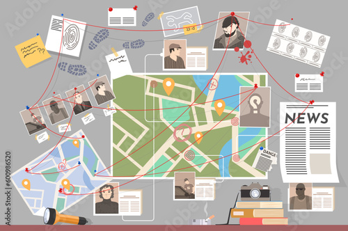 Detective board with pined evidence and investigation plan vector illustration