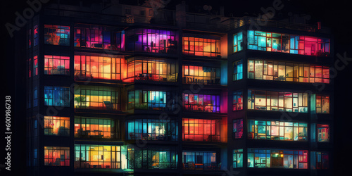 a colorful apartment building with glass windows, generative AI