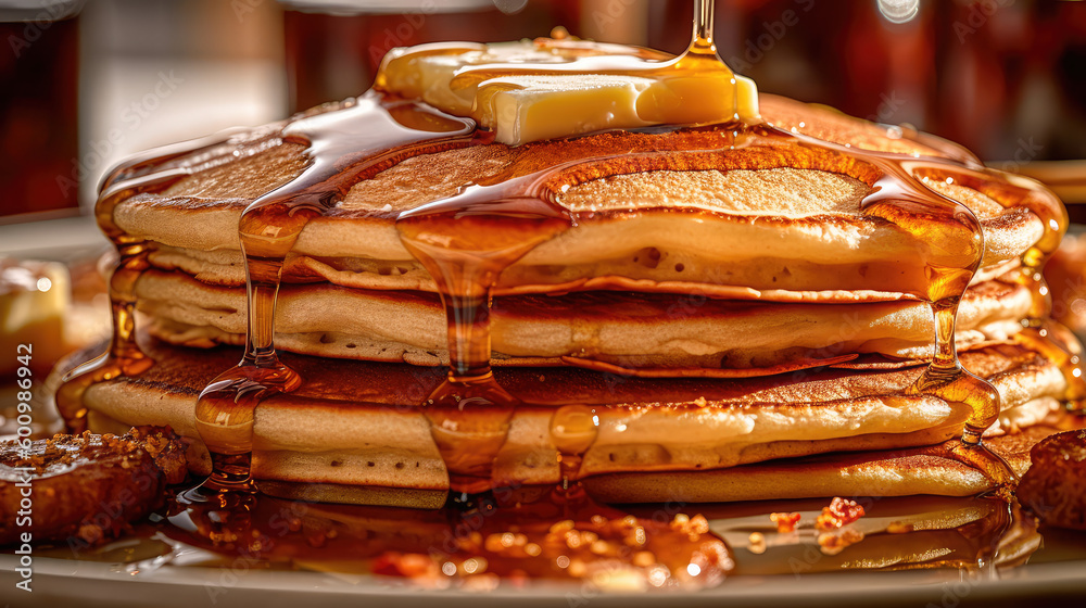 Culinary illustration of pancakes with butter and syrup close-up. Delicious pancakes. Generative AI Culinary illustration of pancakes with butter and syrup close-up. Delicious pancakes. Generative AI