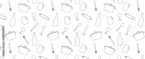 Seamless pattern with kitchen utensils. A saucepan, a glass, a fork and a spoon. Set of silhouettes kitchen tools fork spoon knife rolling pin ladle board for cutting culinary banner with place 
