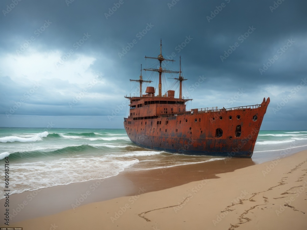 Fototapeta premium A ship wreck on a tropical beach created with generative ai