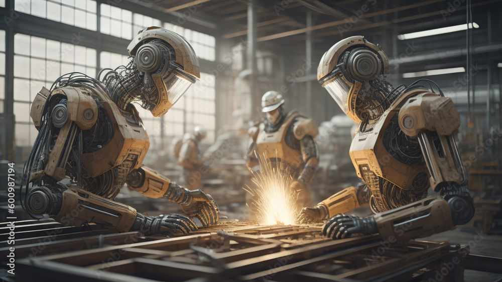 Mechanized industry robot and human worker working together. Generative AI