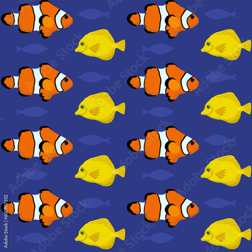 Vector seamless pattern with bright tropical fishes on deep blue background. Clownfish and yellow tang.