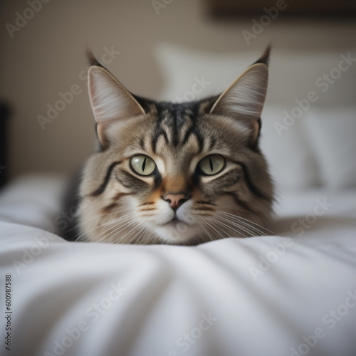 domestic cat on the bed. Generative AI