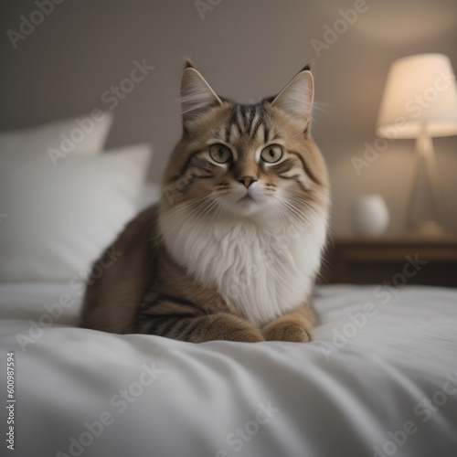 domestic cat on the bed. Generative AI © Levon