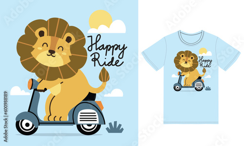 Cute lion reading scooter illustration with tshirt design premium vector